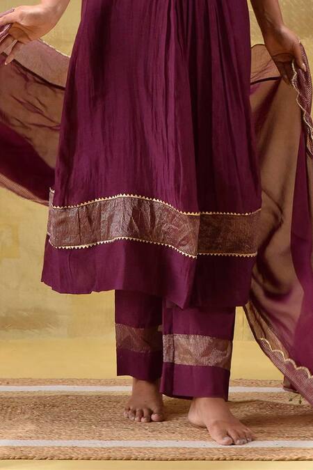 Buy_Gulabik Jaipur_Purple Cotton Embroidery Round Neck Deep Kurta Set _Online_at_Aza_Fashions