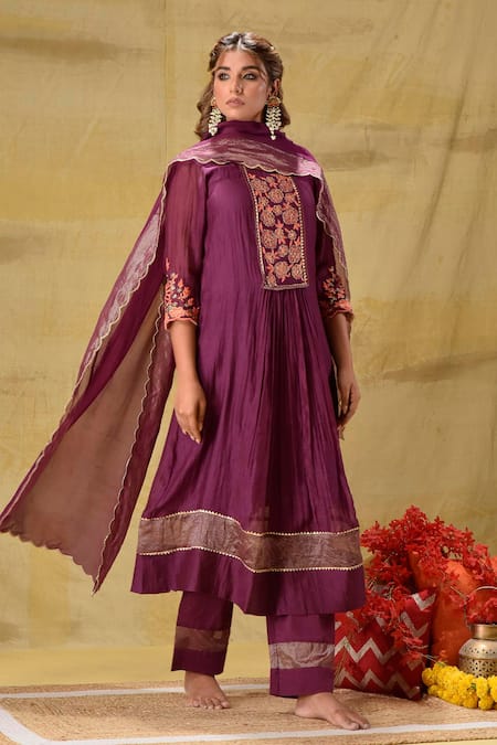 Shop_Gulabik Jaipur_Purple Cotton Embroidery Round Neck Deep Kurta Set _Online_at_Aza_Fashions