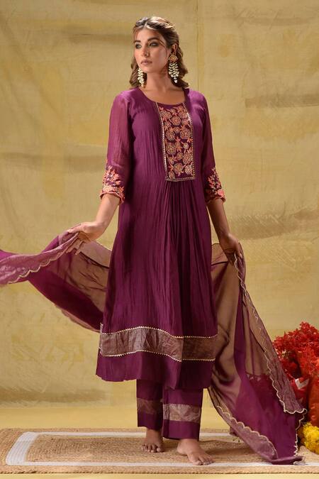 Gulabik Jaipur_Purple Cotton Embroidery Round Neck Deep Kurta Set _at_Aza_Fashions
