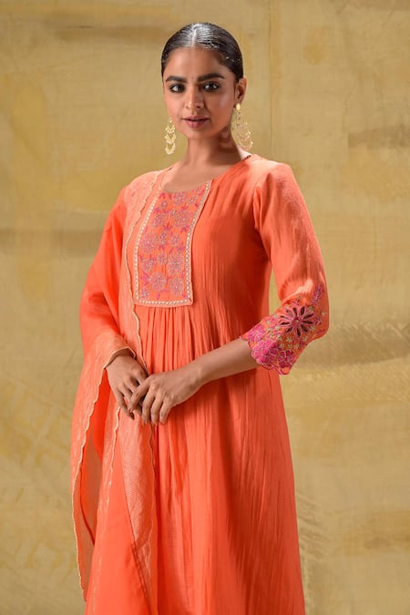 Buy_Gulabik Jaipur_Orange Chanderi Embroidery, Zari Round Neck Burnt Kurta Set _Online_at_Aza_Fashions