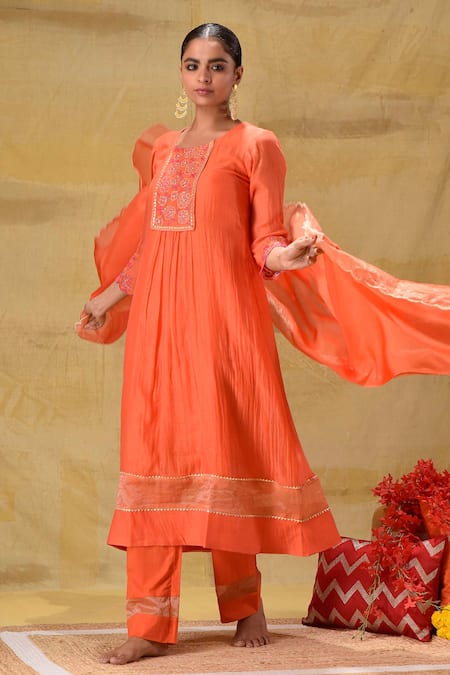 Shop_Gulabik Jaipur_Orange Chanderi Embroidery, Zari Round Neck Burnt Kurta Set _Online_at_Aza_Fashions