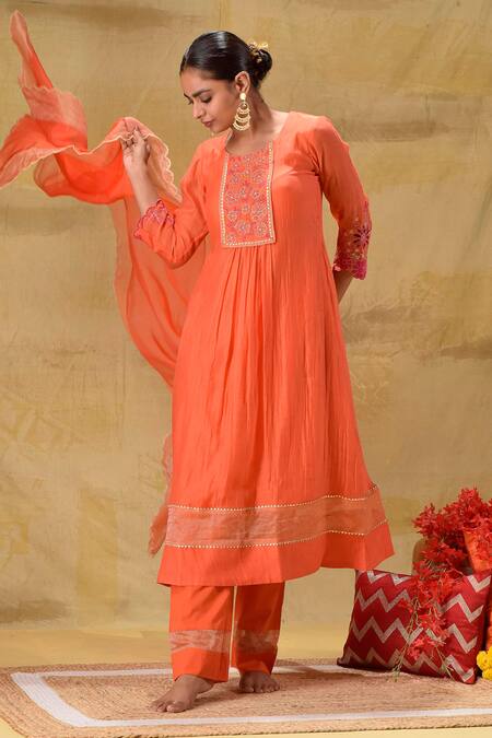Gulabik Jaipur_Orange Chanderi Embroidery, Zari Round Neck Burnt Kurta Set _at_Aza_Fashions