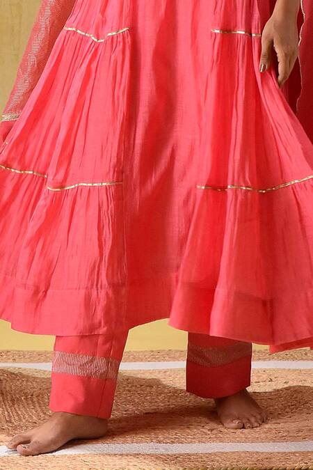 Gulabik Jaipur Peach Chanderi, Tissue Zari, Embroidery Split V-neck Tiered Anarkali Set Online at Aza Fashions Gulabik Jaipur_Peach Chanderi, Tissue Zari, Embroidery Split V-neck Tiered Anarkali Set _Online_at_Aza_Fashions