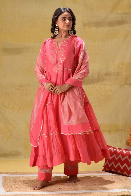 Shop_Gulabik Jaipur_Peach Chanderi, Tissue Zari, Embroidery Split V-neck Tiered Anarkali Set _Online_at_Aza_Fashions