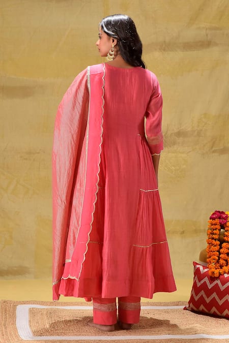 Shop_Gulabik Jaipur_Peach Chanderi, Tissue Zari, Embroidery Split V-neck Tiered Anarkali Set _at_Aza_Fashions