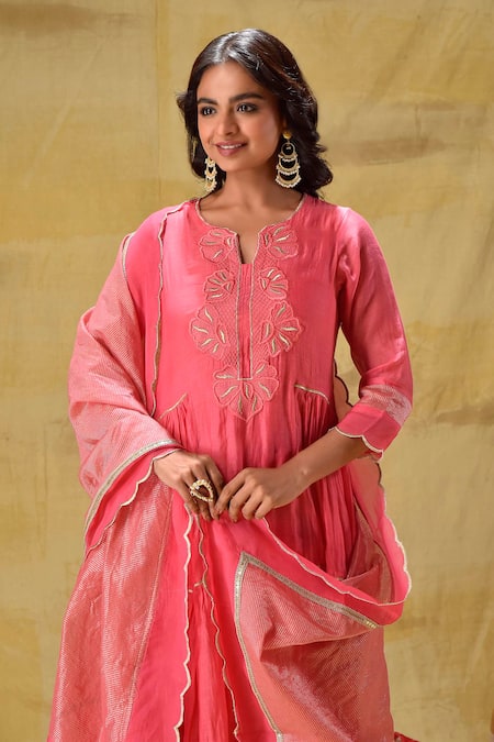 Buy_Gulabik Jaipur_Peach Chanderi, Tissue Zari, Embroidery Split V-neck Tiered Anarkali Set 