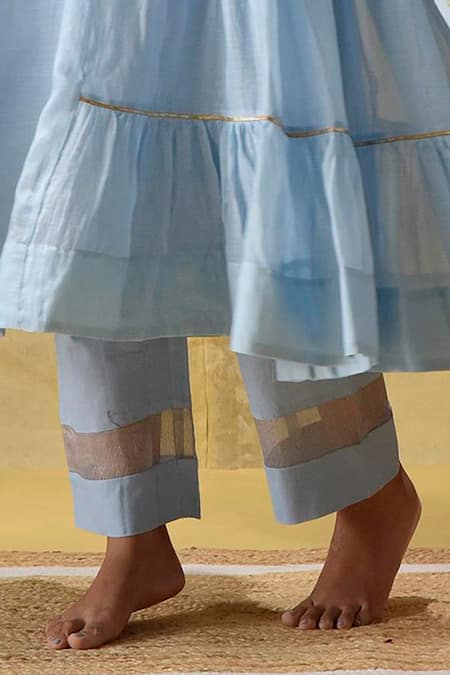 Gulabik Jaipur_Blue Cotton, Chiffon Embroidery Keyhole Neck Tiered Anarkali Set _Online_at_Aza_Fashions