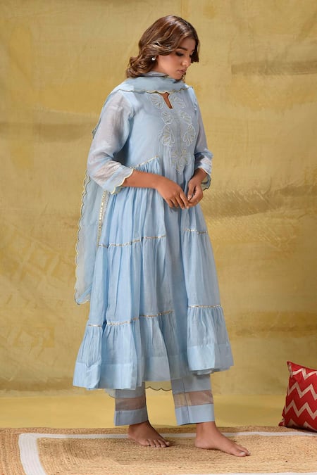 Buy_Gulabik Jaipur_Blue Cotton, Chiffon Embroidery Keyhole Neck Tiered Anarkali Set _Online_at_Aza_Fashions