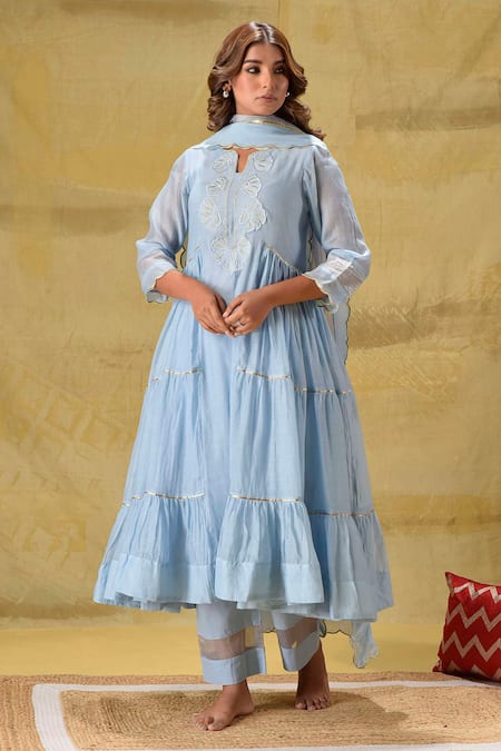 Shop_Gulabik Jaipur_Blue Cotton, Chiffon Embroidery Keyhole Neck Tiered Anarkali Set _Online_at_Aza_Fashions