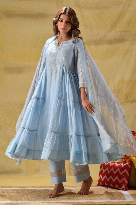 Gulabik Jaipur_Blue Cotton, Chiffon Embroidery Keyhole Neck Tiered Anarkali Set _at_Aza_Fashions