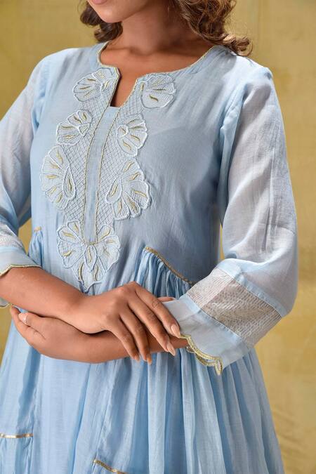 Buy_Gulabik Jaipur_Blue Cotton, Chiffon Embroidery Keyhole Neck Tiered Anarkali Set 