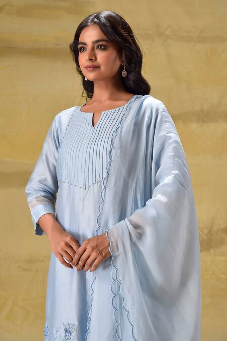 Shop_Gulabik Jaipur_Blue Cotton, Chiffon Embroidery Applique Kurta Set _Online_at_Aza_Fashions