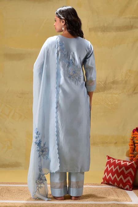 Shop_Gulabik Jaipur_Blue Cotton, Chiffon Embroidery Applique Kurta Set _at_Aza_Fashions