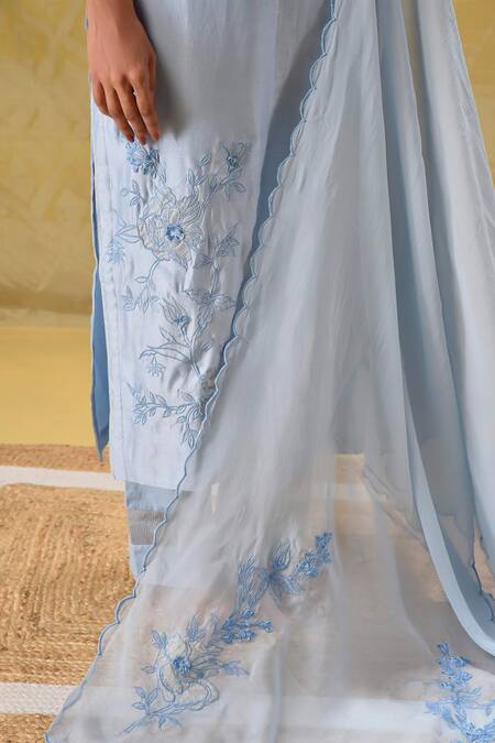 Gulabik Jaipur_Blue Cotton, Chiffon Embroidery Applique Kurta Set _at_Aza_Fashions