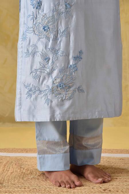 Buy_Gulabik Jaipur_Blue Cotton, Chiffon Embroidery Applique Kurta Set 