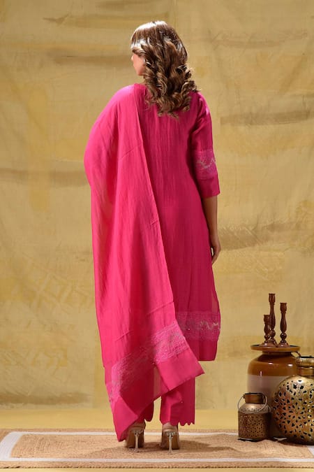 Shop_Gulabik Jaipur_Pink Chanderi Embroidery Round Neck Hot Handloom Kurta Set _at_Aza_Fashions