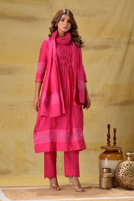 Gulabik Jaipur_Pink Chanderi Embroidery Round Neck Hot Handloom Kurta Set _Online_at_Aza_Fashions