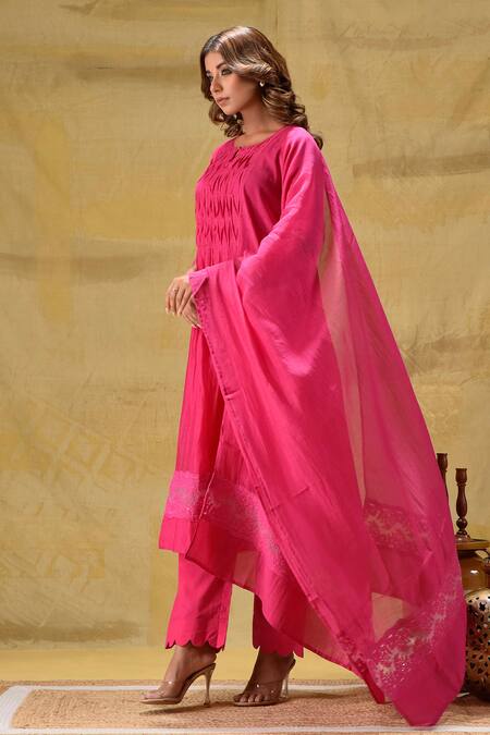 Buy_Gulabik Jaipur_Pink Chanderi Embroidery Round Neck Hot Handloom Kurta Set _Online_at_Aza_Fashions