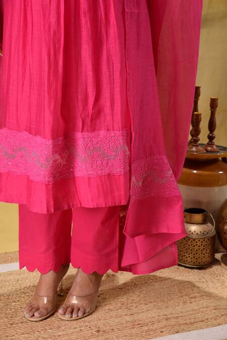 Shop_Gulabik Jaipur_Pink Chanderi Embroidery Round Neck Hot Handloom Kurta Set _Online_at_Aza_Fashions