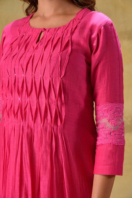 Gulabik Jaipur_Pink Chanderi Embroidery Round Neck Hot Handloom Kurta Set _at_Aza_Fashions