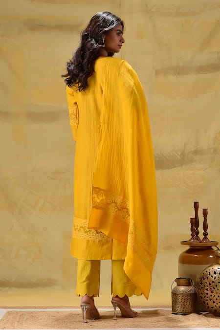 Shop_Gulabik Jaipur_Gold Chanderi Embroidery Round , Keyhole Kurta Set _at_Aza_Fashions