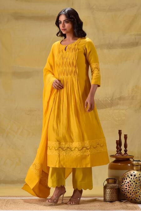 Shop_Gulabik Jaipur_Gold Chanderi Embroidery Round , Keyhole Kurta Set _Online_at_Aza_Fashions