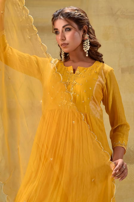 Gulabik Jaipur_Gold Chanderi, Cotton, Organza Embroidery Round Neck Deep Sequence Kurta Set _Online_at_Aza_Fashions