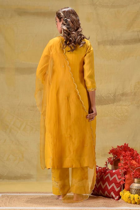 Shop_Gulabik Jaipur_Gold Chanderi, Cotton, Organza Embroidery Round Neck Deep Sequence Kurta Set _at_Aza_Fashions