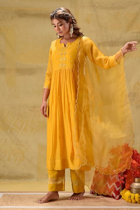 Shop_Gulabik Jaipur_Gold Chanderi, Cotton, Organza Embroidery Round Neck Deep Sequence Kurta Set _Online_at_Aza_Fashions