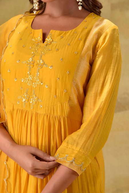 Gulabik Jaipur_Gold Chanderi, Cotton, Organza Embroidery Round Neck Deep Sequence Kurta Set _at_Aza_Fashions