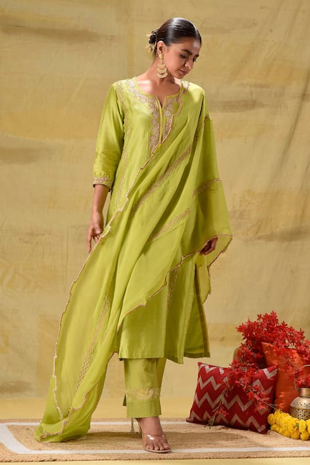 Shop_Gulabik Jaipur_Green Chanderi Embroidery Split V-neck Handwoven Kurta Set _Online_at_Aza_Fashions