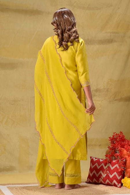 Shop_Gulabik Jaipur_Yellow , Cotton, Silk Embroidery Round Neck Lime Kurta Set _at_Aza_Fashions