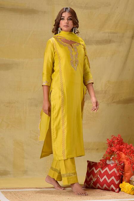 Gulabik Jaipur_Yellow , Cotton, Silk Embroidery Round Neck Lime Kurta Set _Online_at_Aza_Fashions