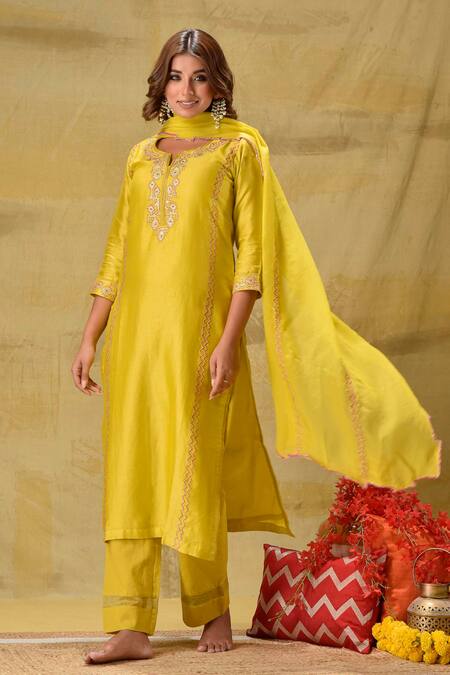 Buy_Gulabik Jaipur_Yellow , Cotton, Silk Embroidery Round Neck Lime Kurta Set _Online_at_Aza_Fashions