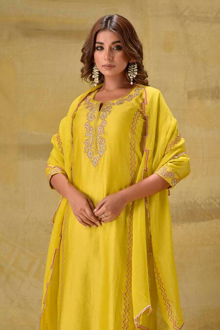 Shop_Gulabik Jaipur_Yellow , Cotton, Silk Embroidery Round Neck Lime Kurta Set _Online_at_Aza_Fashions