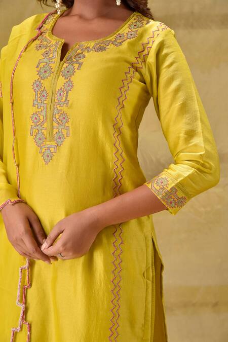 Gulabik Jaipur_Yellow , Cotton, Silk Embroidery Round Neck Lime Kurta Set _at_Aza_Fashions