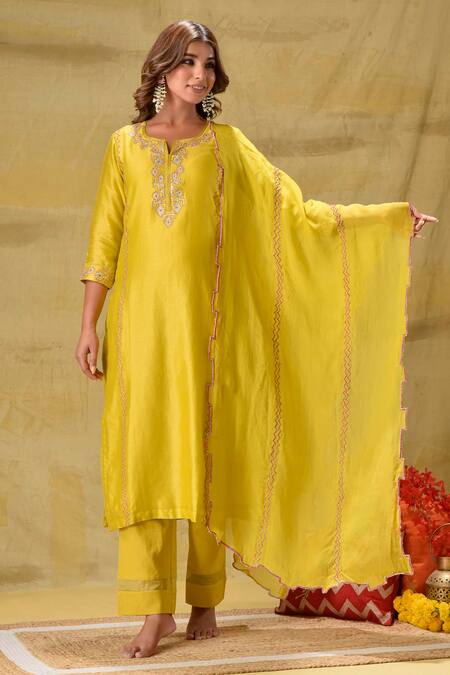 Buy_Gulabik Jaipur_Yellow , Cotton, Silk Embroidery Round Neck Lime Kurta Set 