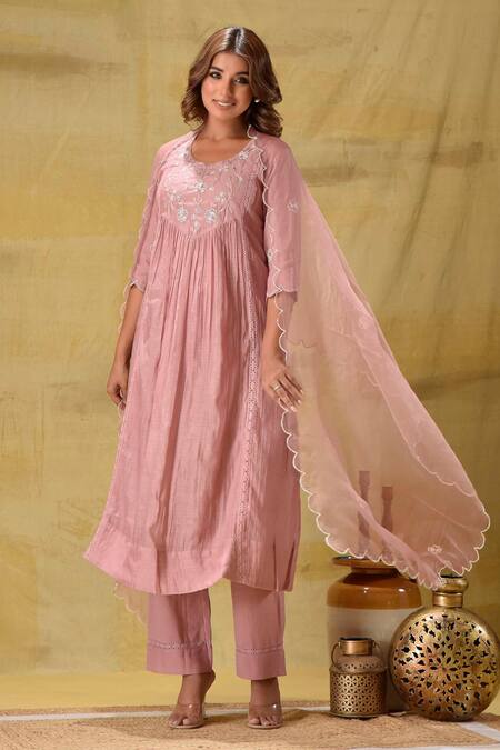 Gulabik Jaipur_Peach Cotton Sequins Round Neck Sequence Embroidered Kurta Set _Online_at_Aza_Fashions