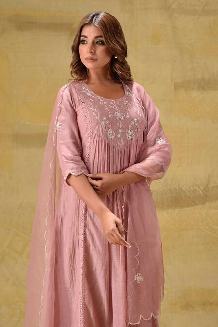 Buy_Gulabik Jaipur_Peach Cotton Sequins Round Neck Sequence Embroidered Kurta Set _Online_at_Aza_Fashions