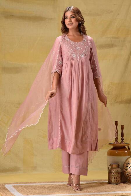 Shop_Gulabik Jaipur_Peach Cotton Sequins Round Neck Sequence Embroidered Kurta Set _Online_at_Aza_Fashions