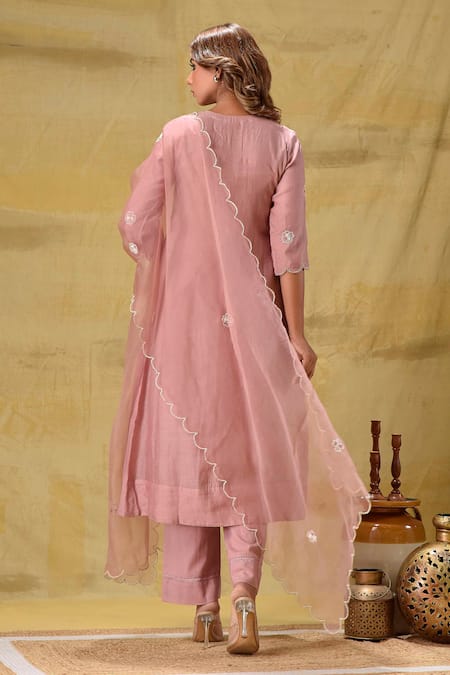 Shop_Gulabik Jaipur_Peach Cotton Sequins Round Neck Sequence Embroidered Kurta Set _at_Aza_Fashions
