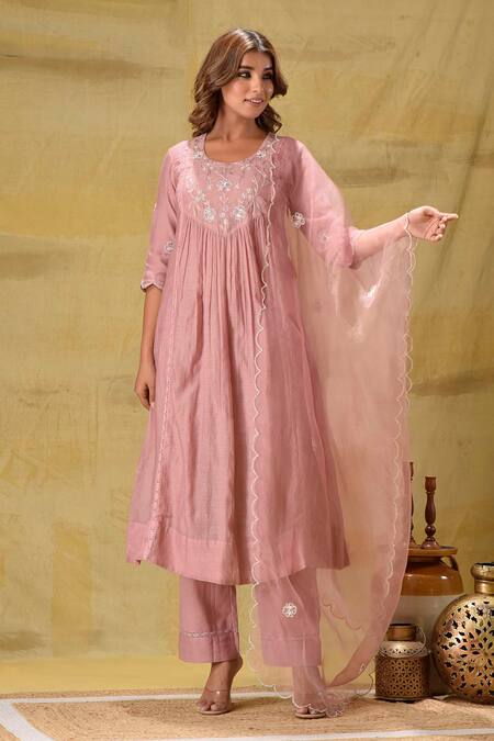 Gulabik Jaipur_Peach Cotton Sequins Round Neck Sequence Embroidered Kurta Set _at_Aza_Fashions