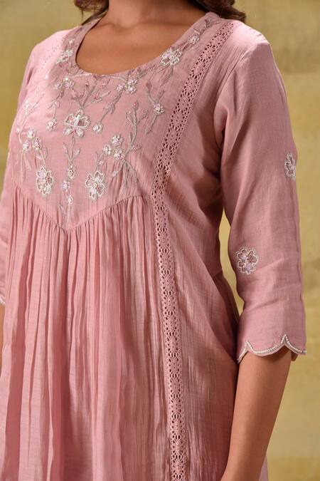 Buy_Gulabik Jaipur_Peach Cotton Sequins Round Neck Sequence Embroidered Kurta Set 