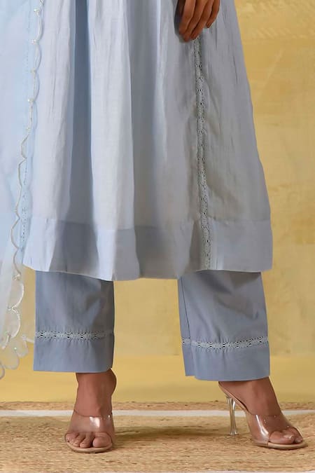 Gulabik Jaipur_Blue Cotton Sequins, Embroidery Round Neck Sequence Kurta Set _Online_at_Aza_Fashions