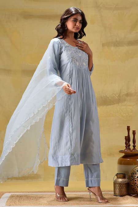 Buy_Gulabik Jaipur_Blue Cotton Sequins, Embroidery Round Neck Sequence Kurta Set _Online_at_Aza_Fashions