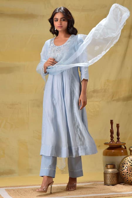 Shop_Gulabik Jaipur_Blue Cotton Sequins, Embroidery Round Neck Sequence Kurta Set _Online_at_Aza_Fashions