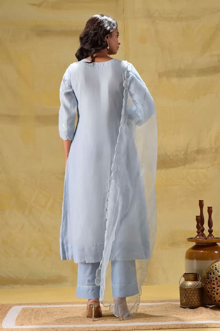 Shop_Gulabik Jaipur_Blue Cotton Sequins, Embroidery Round Neck Sequence Kurta Set _at_Aza_Fashions