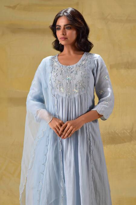 Gulabik Jaipur_Blue Cotton Sequins, Embroidery Round Neck Sequence Kurta Set _at_Aza_Fashions