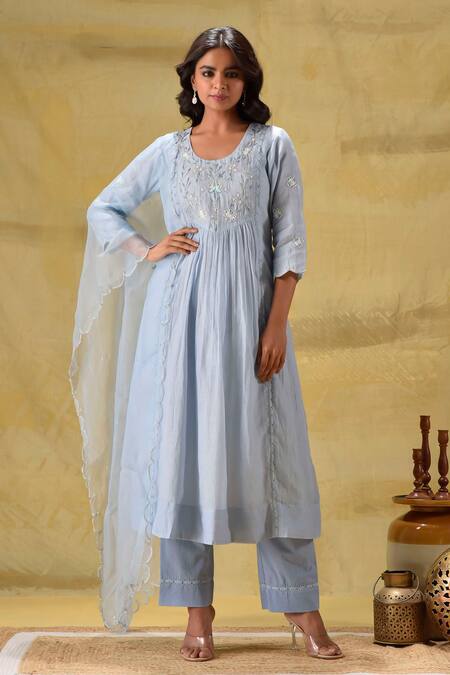 Buy_Gulabik Jaipur_Blue Cotton Sequins, Embroidery Round Neck Sequence Kurta Set 