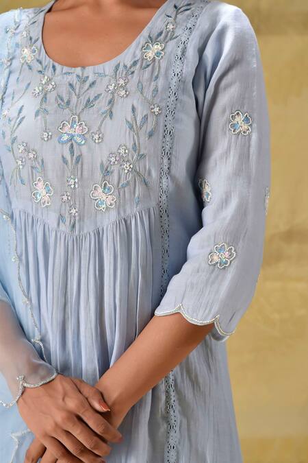Shop_Gulabik Jaipur_Blue Cotton Sequins, Embroidery Round Neck Sequence Kurta Set 